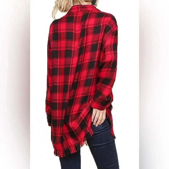 Umgee Women's Flannel Plaid Print Long Sleeve Dress Tunic red black size S - Picture 2 of 9